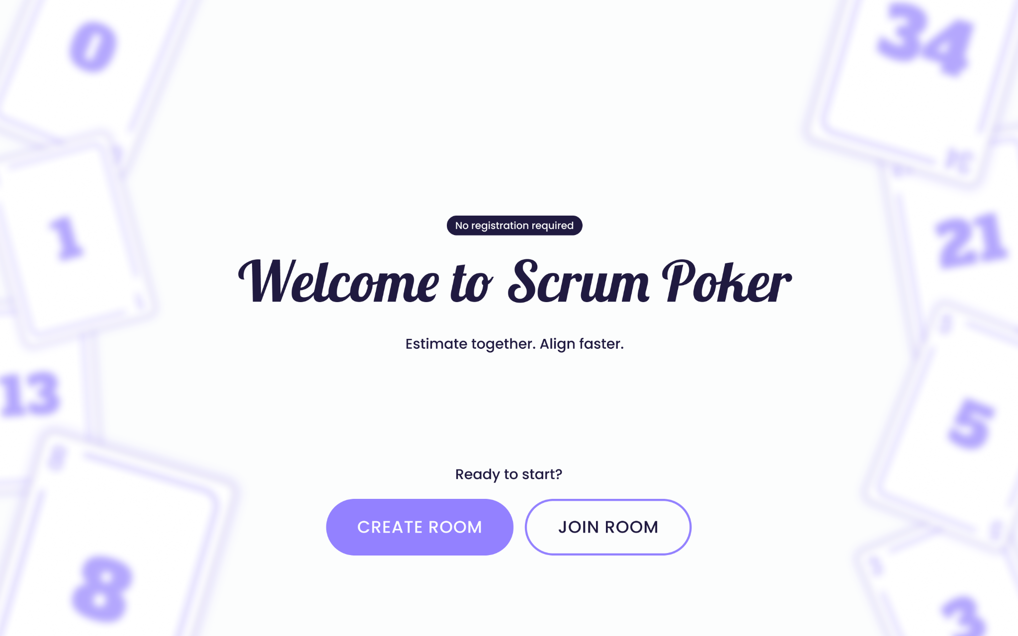 Final Scrum Poker home page with Create Room and Join Room actions