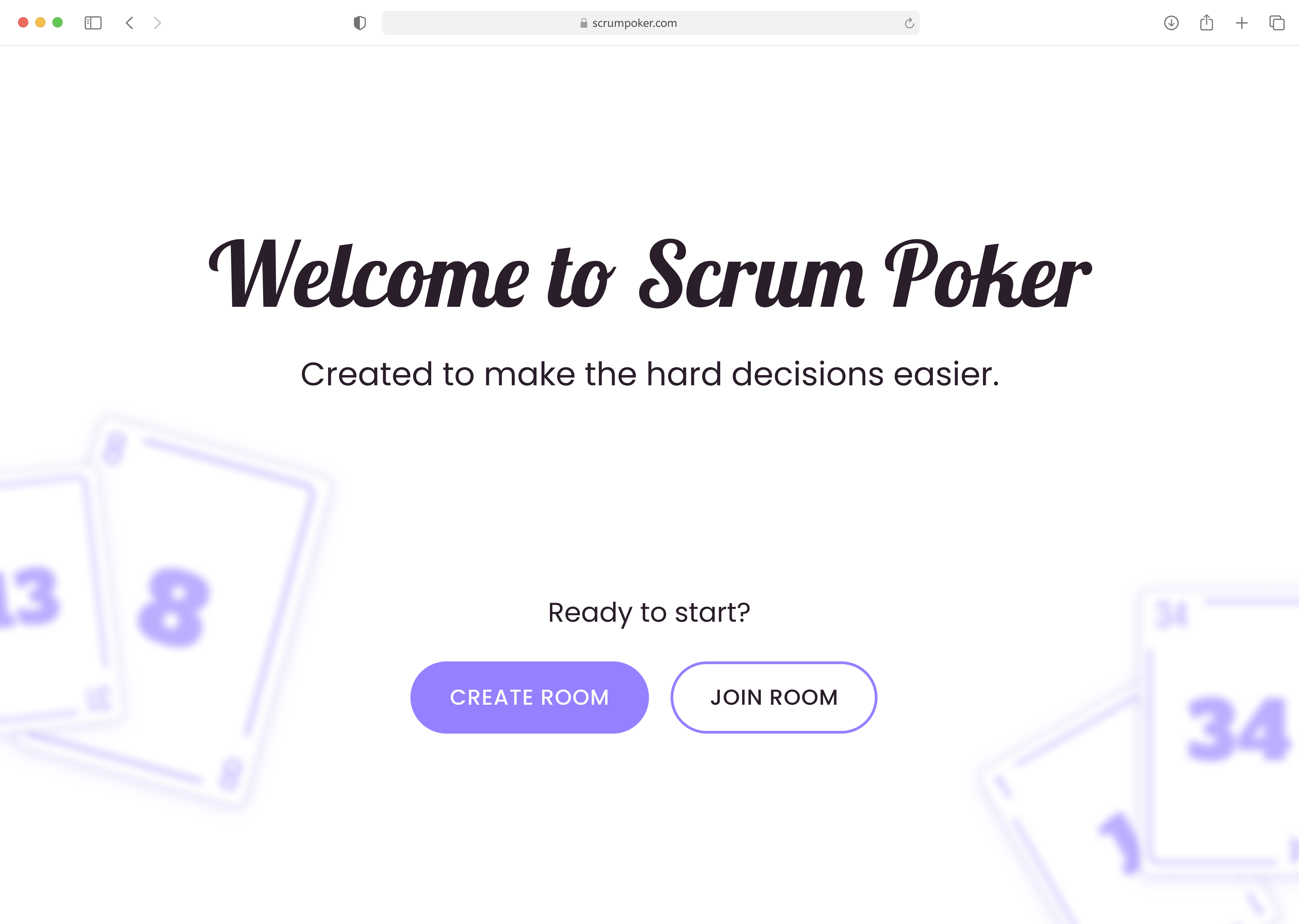 Main page of the planning poker web app